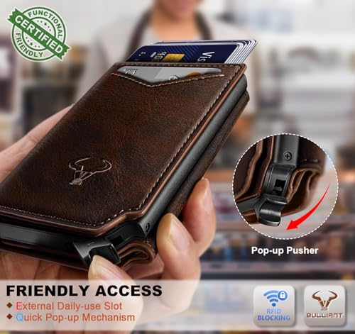 Image of BULLIANT Men Wallet Leather Wallet Card Holders Money Clip for Men 10Cards-Magnetic Flip on Metal Case