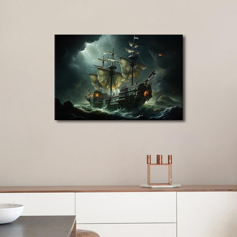 Canvas Wall Art for Bedroom Pirate Ship in the Sea on a Full Moon Background Wall Art for Living Room Pirate Ship Wall Art Decor Modern Artwork for Home Walls Giclee Framed Ready to Hang 24x16 in - Image 2