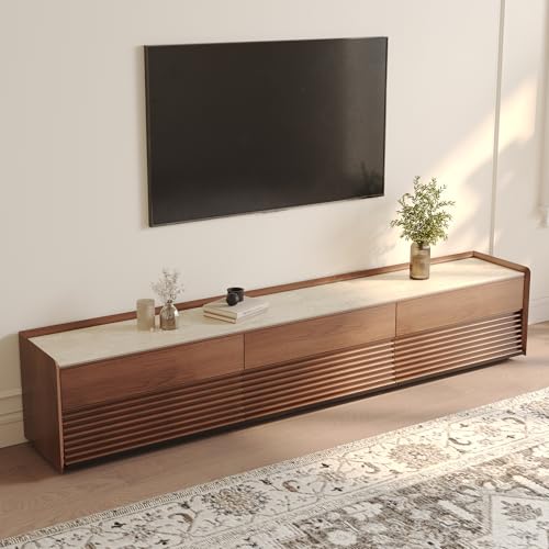 Image of POVISON Fully-Assembled Mid Century Matte Sintered Stone TV Stand, 94.49 inch Wood Media Console with Adjustable LED Light, Entertainment Center with Storage for Living Room