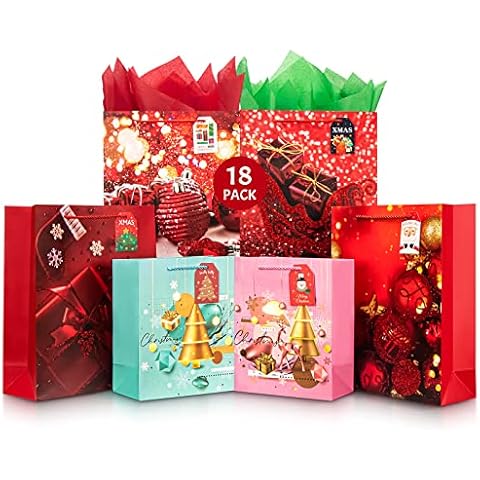 myforHD Christmas Gift Bags Large Medium Size Bulk 18 Pack Xmas Holiday Gift Bags with Colored Christmas Tissue Paper and Gift Tags Christmas Goody Bags with Braided Rope Handles Cover
