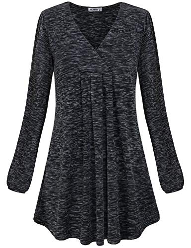 MOQIVGI Blouses for Women, Nice Flattering Cozy Feminine Tops Stylish Pleated Flowy Vneck Long Sleeve Shirts Fancy Holiday Tunics for Ladies Fashion Clothes 2019 Marled Black X-Large
