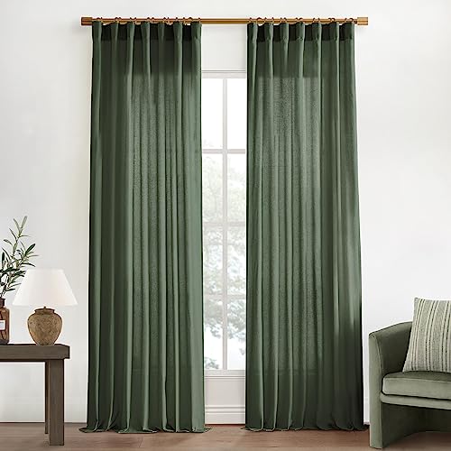 Image of XTMYI Olive Green Linen Curtains 90 Inches Long for Living Room 2 Panels Set,Back Tab Hooks Long Cotton Blend Semi Sheer Window Curtain Drapes for Bedroom,Boho Neutral Aesthetic Decor,50x90 in Length