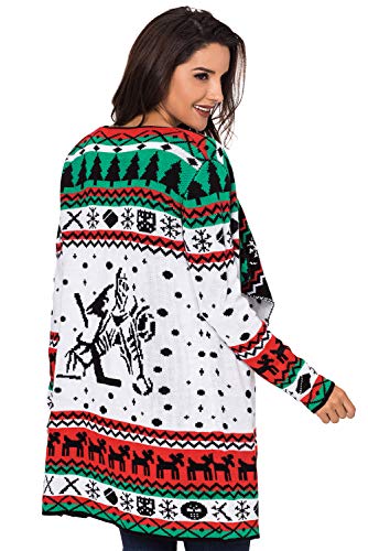 Gosopin Women Reindeer Snowflakes Open Front Christmas Sweater Cardigan Turndown Collar Geometric Print Long Sleeve Knit Coat Large White #TOP3
