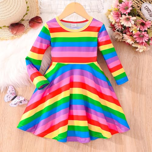 Image of Tkria Toddler Girls Rainbow Dress Striped Fall Dress Cartoon Colourful Long Sleeve Casual Dressy 2-7T