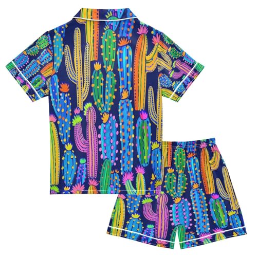 senya Pajama Sets Silky Button Down Nightwear Sleepwear Size 5-14 Years Blue Purple Cactus2
