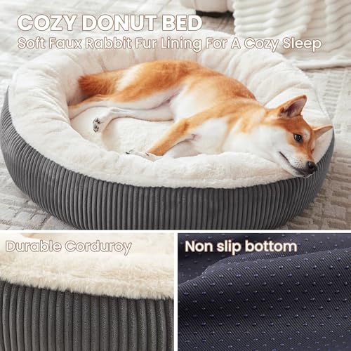 Image of 33 inches Donut Dog Bed for Medium Large Dogs,Calming Round Pet Bed with Removable & Washable Cover,Plush Faux Fur & Corduroy, Fits up to 50 lbs Pets(Dark Grey,M Plus)