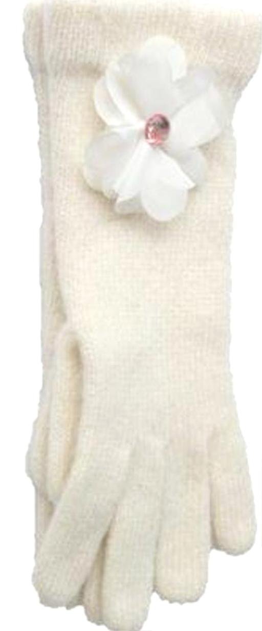 Winter White Angora Gloves Trimmed with Rhinestone Center Chiffon Flower