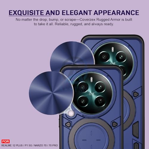 Image of AESTMO Armor Compatible with Realme 12 Plus / P1 / Narzo 70 /70 Pro 5G Bumper Back Case Cover | Ring Holder & CD Pattern Sliding Camera Shutter Cover | 360 Degree Protection Back Case Cover (Black)