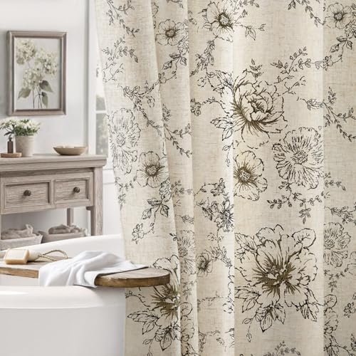 NDDYCU Farmhouse Floral Vintage Shower Curtain, Black Linen Pattern Shower Curtains for Bathroom, Tan Taupe,72x72