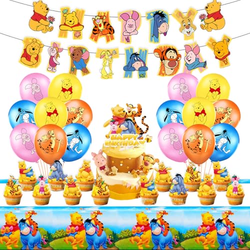 Winnie Birthday Party Supplies, Cute Cartoon Bear and Friends Balloons Decorations Set, Includes Happy Birthday Banner, Balloons, Cake Cupcake Toppers, Tablecloth, for Boys Girls Shower Party Supplies
