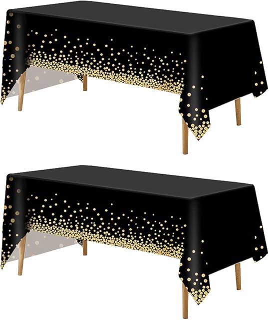 FUYOAL 2 Pack Black Dot Tablecloths, 54 x 108 Inch Black and Gold Table Cloth Dot Confetti Party Table Cover for Outdoor Picnic Birthday Party