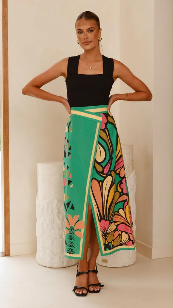 Women Floral Skirt Casual Split Midi Long Skirt Summer Vacation Outfits - Image 2