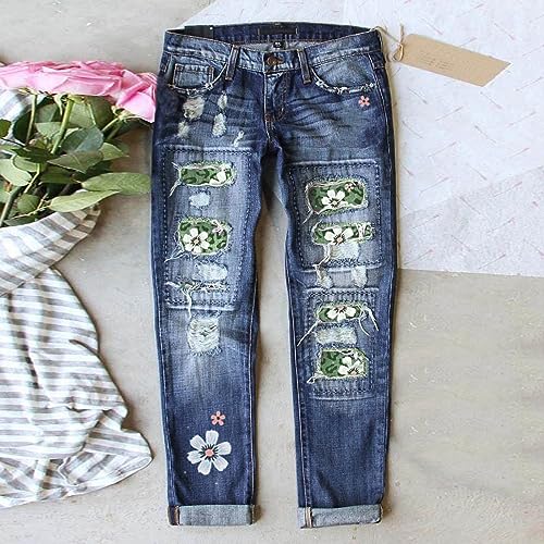 Women Distressed Ripped Jeans Raw Hem Washed Boyfriend Jeans Plaid Patch Straight Leg Denim Pants Stretch Skinny Jean2