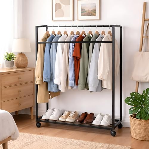 Image of DIVYA Heavy-Duty Metal Garment Rack with Bottom Storage Shelf Freestanding Clothes Stand for Bedroom, Entryway, Living Room Black