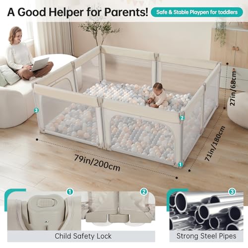 Image of Doradotey 8-Panel Foldable Baby Playpen for Toddlers 1-3, Adjustable Shape Large 79x71 Indoor Playard, No Tools Assembly, 360 Breathable Mesh, Separate Washable Panels Safety Fence, Khaki