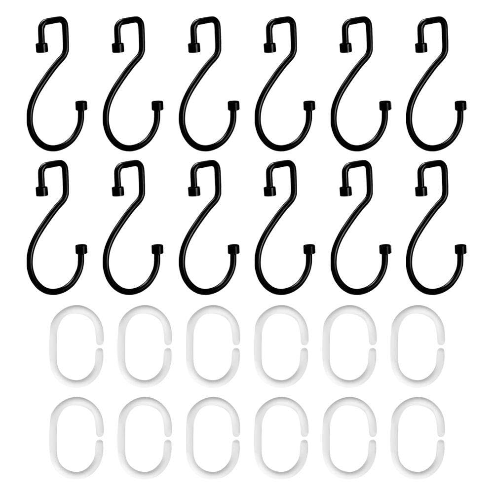 EOWVISN 12 Pieces S-Shaped Shower Curtain Hooks, 12 Pieces C-Shaped Opening Curtain Rings, Sliding Shower Hooks