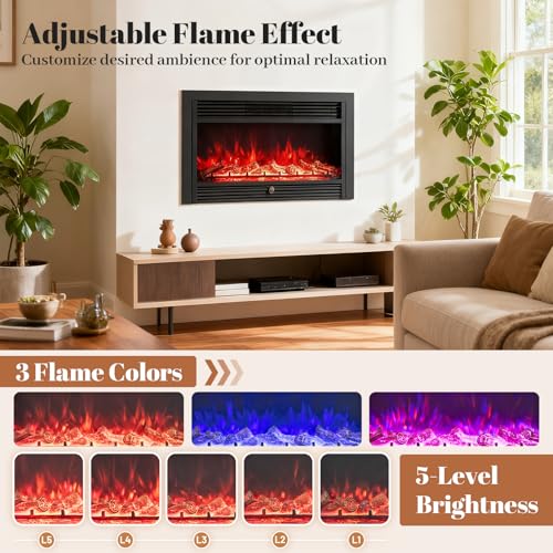 Image of Giantex 33 inch Electric Fireplace Insert, Wall Recessed /Mounted, Freestanding Fireplace with Remote Control, 3 Color Adjustable Flames, 2 Modes Heat, 8H Timer, 5 Brightness, 750 /1500W Heater