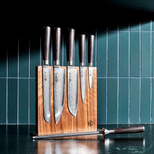 Image of HexClad Espresso 7 Piece Japanese Damascus Stainless Steel Blade Essential Knife Set with Magnetic Knife Block, Full Tang Construction, Pakkawood Handle
