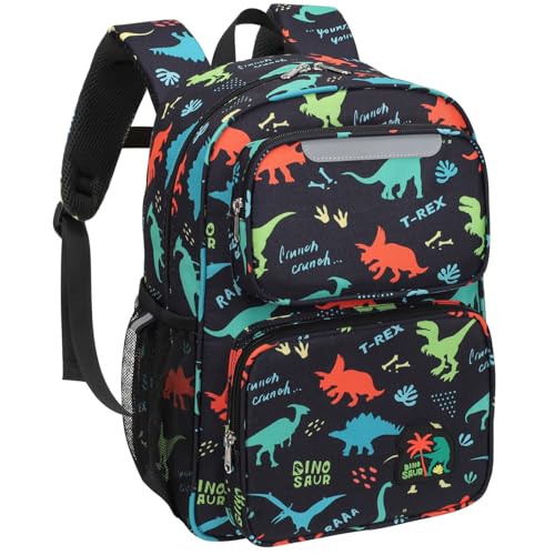 Bagseri Kinder Rucksack für Jungen - Dinosaurier Kinderrucksack für Kinder 5 bis 8, Vorschule Kindergartenrucksack mit isolierter Tasche, Schulbuchtasche für Grundschulklassen 1-2, schwarz
