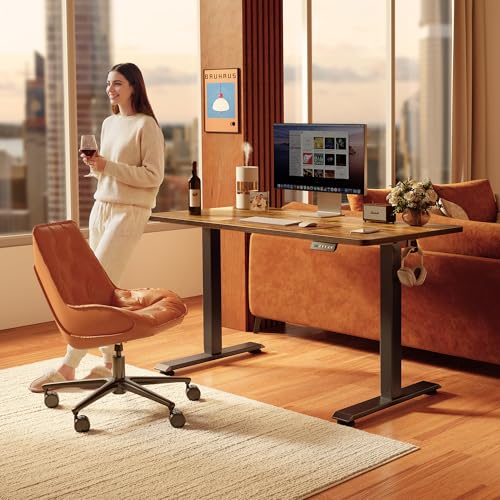 Image of FEZIBO Standing Desk, 55 x 24 Inches Electric Height Adjustable, Sit Stand Up, Computer Office Desk with Splice Board, Black Frame /Rustic Brown TOP