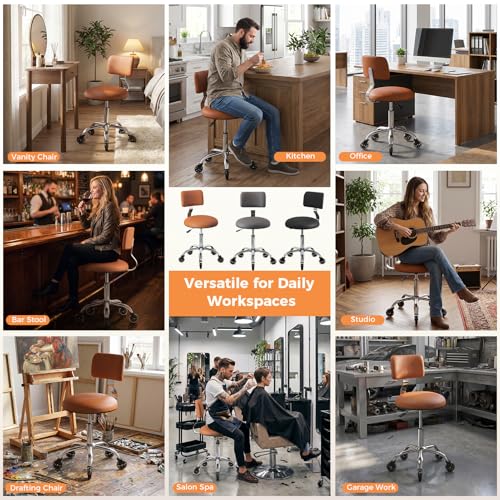 Image of Rolling Stool Chair with Wheels, Office Drafting Chair with Back Support, Height Adjustable Standing Desk Stool with PU Leather Cushion for Home Office Kitchen Vanity Spa Garage Tattoo Dentist, Camel