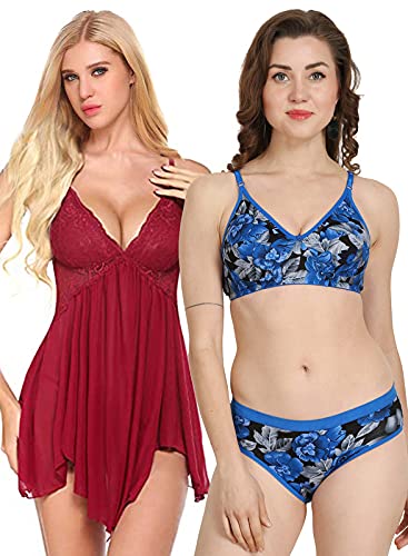 Image of Love Maker Lace Net Stylish Women Nightwear with Cotton Bra Panty Set for Women, Non Padded Bra Panty Set for Women & Night Wear Honeymoon Nighty for Women.