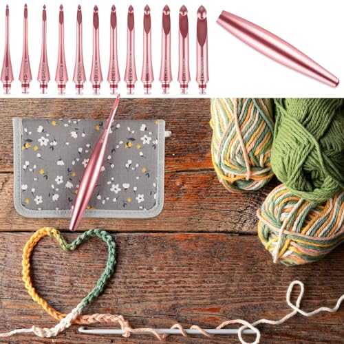 Image of Svartur Interchangeable Crochet Hook Set with 12 Hooks - Ergonomic Crochet Hooks Large Handle, US Sizes E-4 to N-15 (3mm-10mm), Smooth & Lightweight, Crochet Kit with Storage Case, Pink