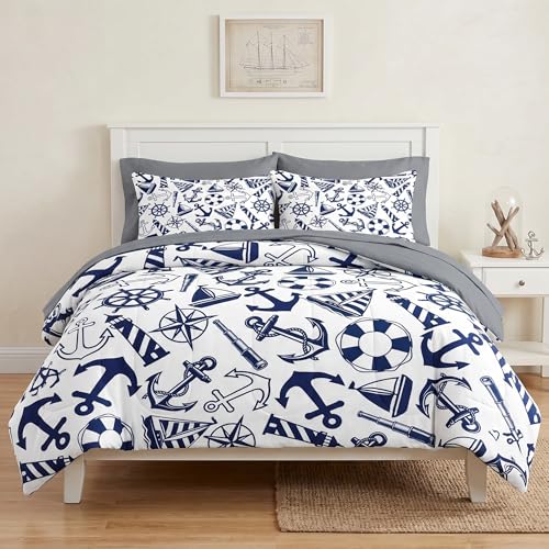 Pamnest Comforter Set Full Size, Nautical Anchors Navy Blue 7 Pcs Bedding for Kids and Adults, Retro...