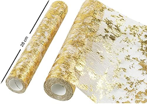 Tavrolet Table Runner, Sparkling Polyester Tulle Ribbon Roll with Gold Foil,Birthday Party Wedding Christmas Decor 28cmx10M