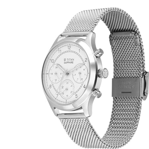 Image of Titan Sapphire Quartz Multifunction White Dial Silver Stainless Steel Strap Watch for Men - NT1874SM01