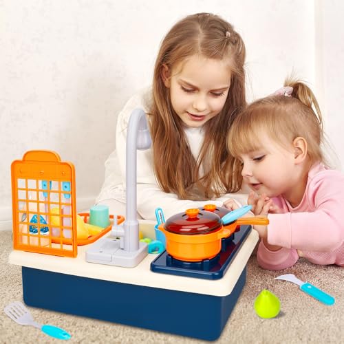 IGUGI Spielzeugspüle mit Leitungswasser, Waschbecken für Kinder, Spielzeugküche für Kinder, Spielzeug für gefälschte Rollenspiele mit Wasserhahn & Spielset, Mini-Spülmaschine Spiele (Blau)