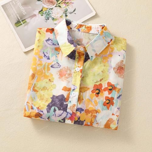 Image of Gufrina Women Mustard Multicolor Floral Print Button-Down Shirt with Elbow Sleeves and Collar Neck in Soft Breathable Fabric Ideal for Casual wear and Relaxed Styling
