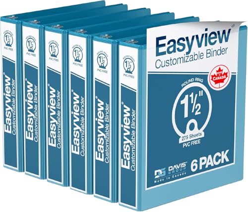 Image of Easyview 3-Ring Binder, Clear-View Cover, 1.5 inch Round Rings, Turquoise, 6 Pk | Heavy-duty binder, fits 8.5 inch x 11 inch paper, customizable cover, made in Canada, ideal for school or office use
