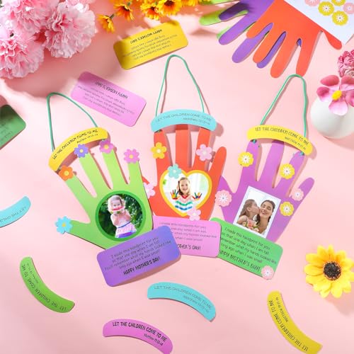Menkxi 30 Sets Mother\'s Day Hand Picture Frame Crafts for Kids DIY Handprint Flower Mother\'s Day Crafts Make Your Own Flower Hand Keepsake with Flower Stickers for Kids Classroom Home Activities