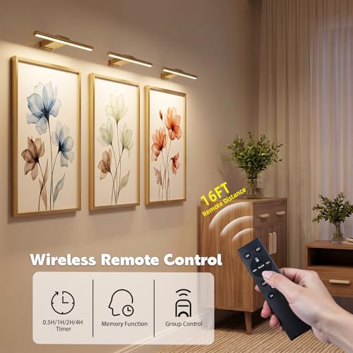 Neymlya 16" Picture Lights for Wall, 10000mAh Rechargeable Wireless Art Light with Remote, 300lm Bright Dimmable 3 Color Temps Art Lighting for Paintings Frame Gallery Dartboard, Gold — view 5