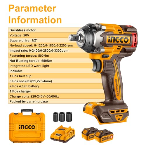 Ingco Brushless Impact Wrench 500Nm Nut-Busting Torque 650Nm, 20V Cordless 1/2Inch Battery Impact Gun, 2200RPM with 2Pcs 4.0Ah Battery and 1Pcs Fast Charger CIWLI2050 - Image 6