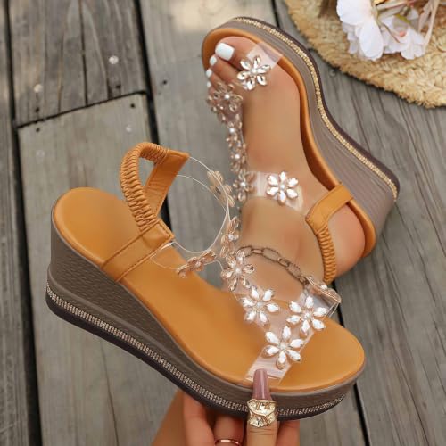 Sandales plateforme talon compensé avec bride cheville décorée strass chic