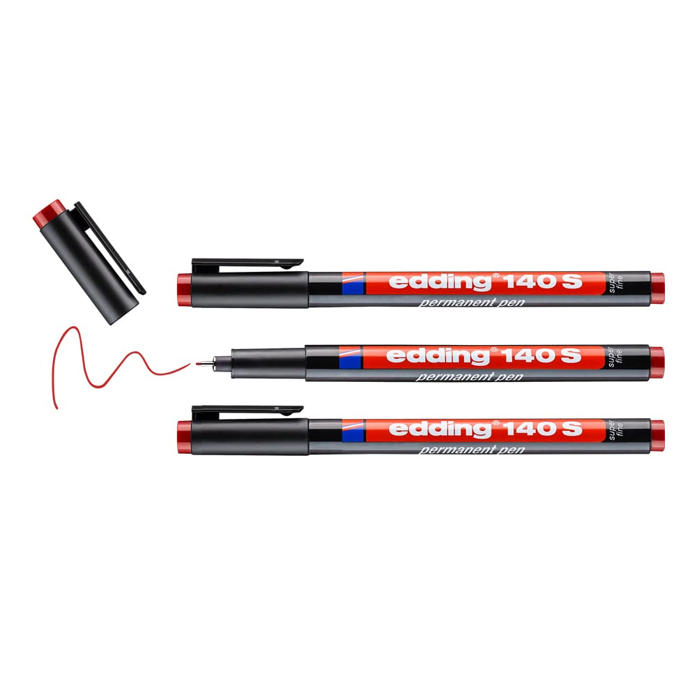 edding 140 S permanent kalem, asetat kalemi, kırmızı, 3'lü set, 0,3 mm yuvarlak uç
