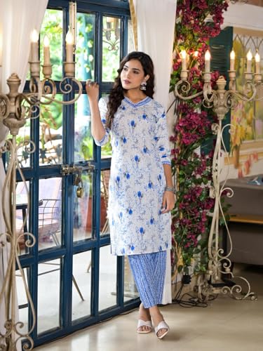 Image of Juniper Blue Floral Printed Cotton Kurta & Pant Set With Lace