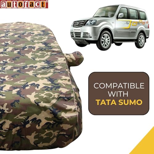 Image of Autofact 100% Waterproof Car Body Cover Compatible with Tata Sumo (1996 to 2011), with Mirror Pockets, 4 x 4 American Matty, Long Lasting Strong Durable Material, Camouflage Army Look