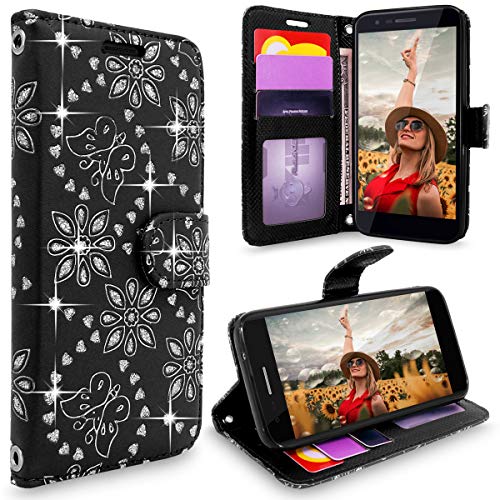 Cellularvilla LG K30 Case/Premier Pro LTE Case/ K10 2018 Case, [Card Slot] Pu Leather Wallet Case [Wristlet] [Stand Feature] Flip Protective Shell Cover for LG K10 2018 (MS425) (Black Glitter)