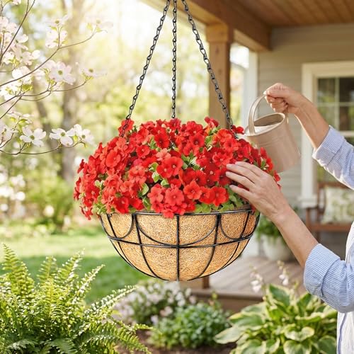 13.5 Inch 4 Pack Hanging Baskets Planters for Outdoor Plants - Wire Hanging Baskets Plant for Plants Outdoor with Coco Liners Minimalist Metal Hanging Pots for Outside Garden Patio Porch Decor by EINYEXW - Used condition - Image 2