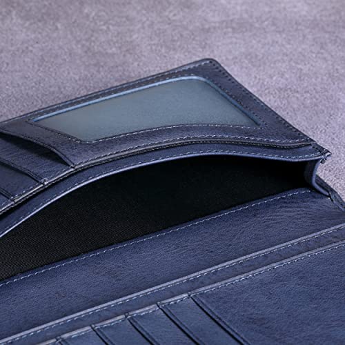 Image of HISCOW Full Grain Leather Men's Long Wallet, 15 Card Slots, Aniline Blue | Gusseted bill compartment, tall bifold design, clear ID window, ideal for coat pockets or briefcases, turned-edge, gift box