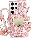 Changjia for Samsung Galaxy S25 Ultra Glitter Bling Case,Cute 3D Sparkle Heart Makeup Mirror Crystal Rhinestone Flowers Diamond Gems with Lanyard Wrist Strap Women Girls Case for Galaxy S25 Ultra,Pink