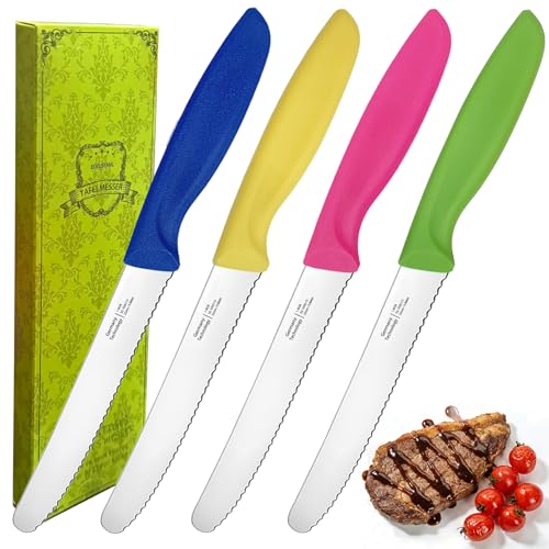 ViYiosew Frühstücksmesser Wellenschliff Brötchenmesser Tomatenmesser Tafelmesser & Steakmesser 4-teilig Universalmesser für Küche und Brotzeit angespritzte Griffe spülmaschinenfest(Mehrfarbig)