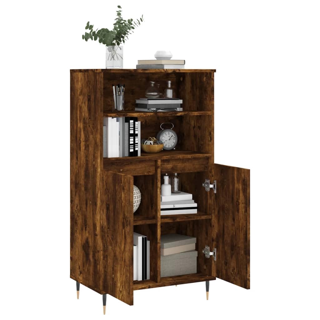 Générique Wysoki bufet wędzony dąb 60 x 36 x 110 cm, przemysłowy mebel z drewna inżynieryjnego z 6 przegródkami do przechowywania, praktycznymi drzwiami i wytrzymałym blatem, metalowe nogi dla
