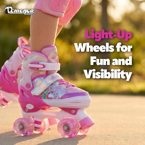 Image of Chicago Skates Glitzy Kids Roller Skates Unicorn - Adjustable Roller Skates Girls Boys, Light-Up Wheels, Durable Beginner Quad Skates, Front Stopper, Comfortable, Smooth Rolling, Indoor Outdoor,Age 3+