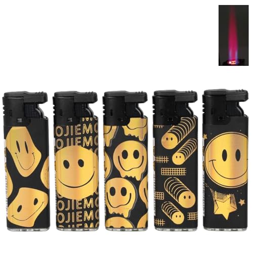 5X Sturmfeuerzeug Turboflamme Turbofeuerzeug Top Motive Turbo Flamme Feuerzeug mit Schutzkappe absolut windfest Gasfeuerzeug nachfüllbar (Black Rubber - Gold)