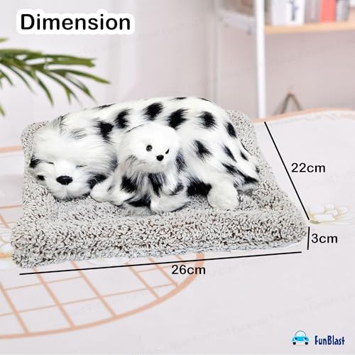 Image of FunBlast Sleeping Cute Dog with Puppy - Realistic Soft & Lifelike Pet Puppy with Bed for Car Dashboard and Home Decor, Sleeping Dog Soft Toy (White-Black)