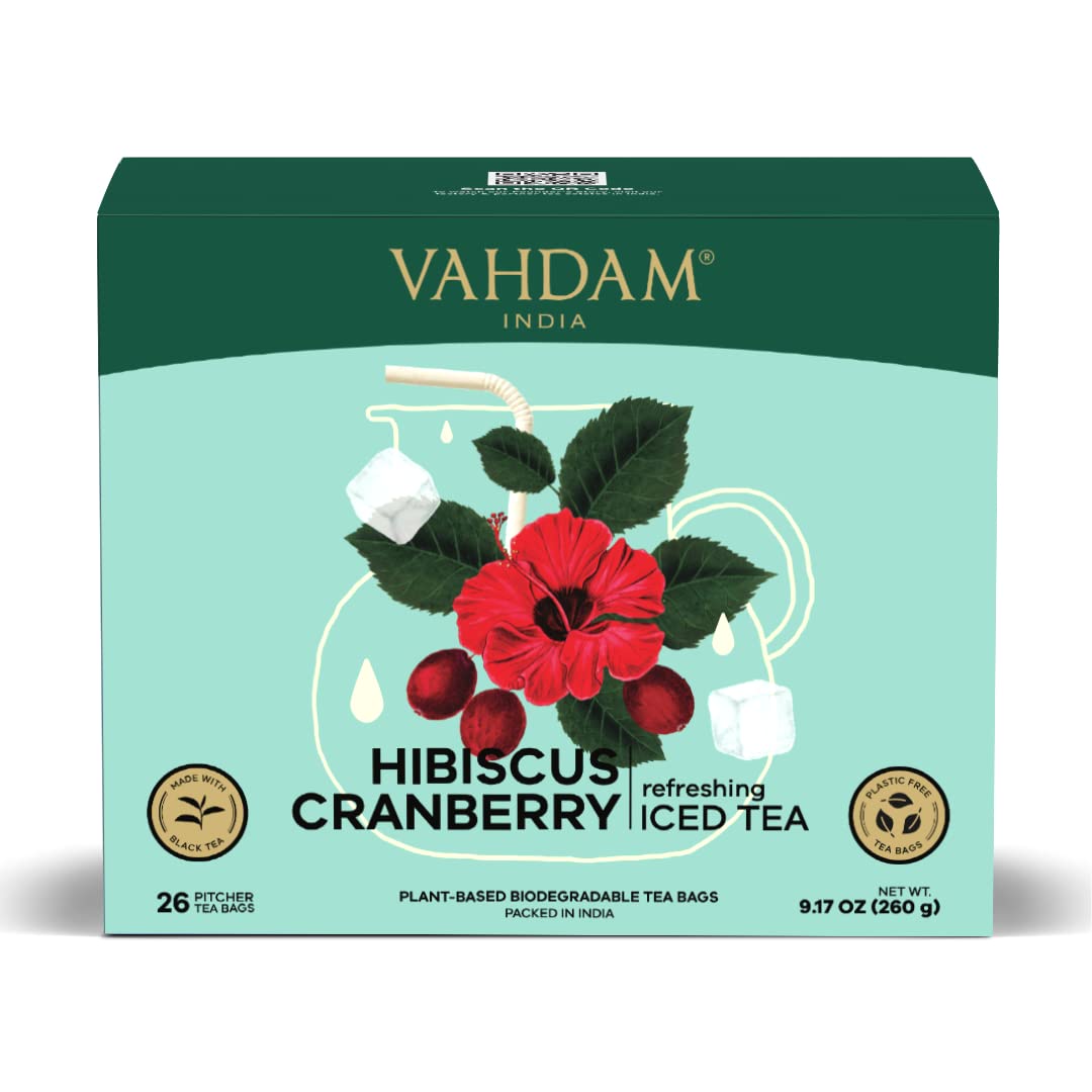 Hibiscus Cranberry Iced Tea Bags (26 Pitcher Tea Bags/52 Quarts) Zero Added Sugar | Naturally Sweet | Blended w/Hibiscus & Cranberry | Best for Mocktails & Cocktails | Biodegradable Tea Bags | VAHDAM